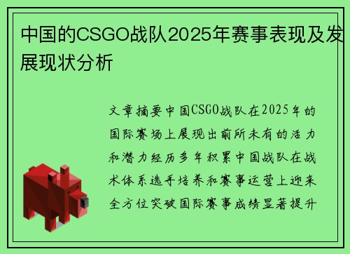 中国的CSGO战队2025年赛事表现及发展现状分析